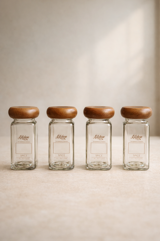 Cam Baharat Seti Akasya Kapaklı Mantar Kare Cam Kavanoz KW-1184