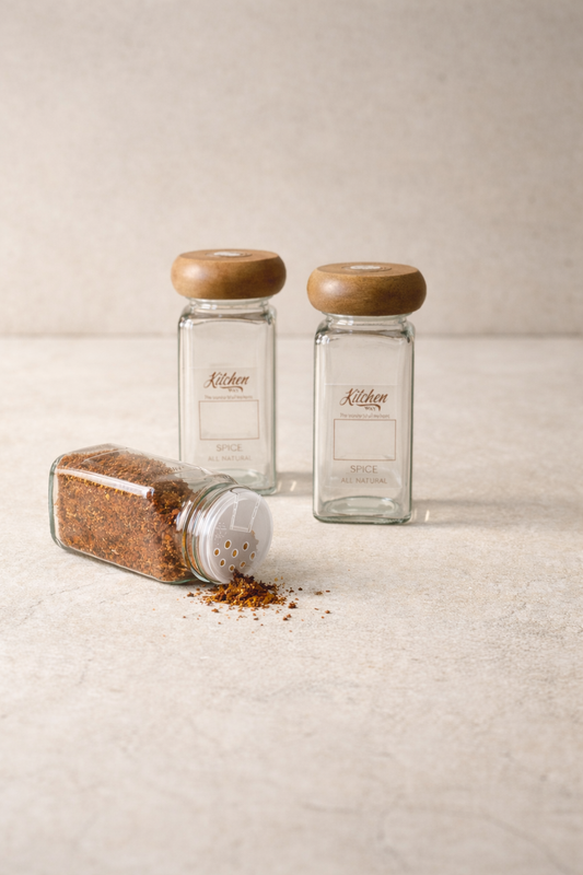 Cam Baharat Seti Akasya Kapaklı Mantar Kare Cam Kavanoz KW-1184