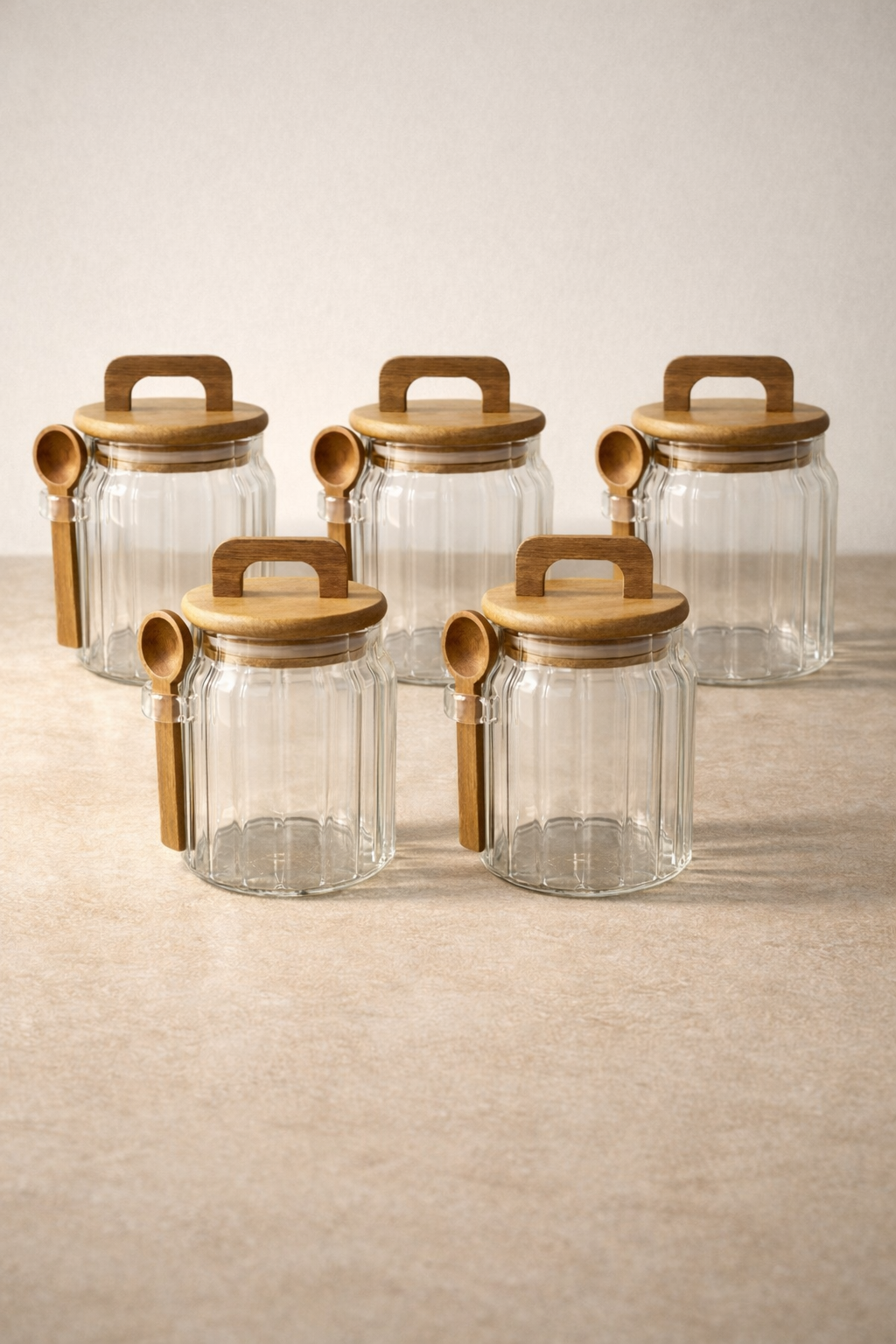 Akasya Kaşıklı Conta Kapaklı Çizgi Desenli 500ML 6lı Kavanoz Seti KW-1170