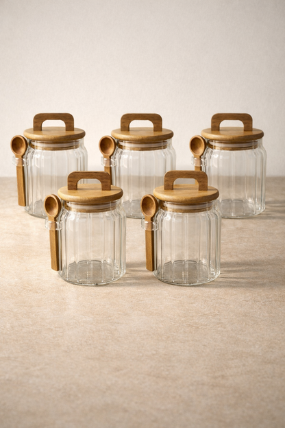 Akasya Kaşıklı Conta Kapaklı Çizgi Desenli 500ML 6lı Kavanoz Seti KW-1170