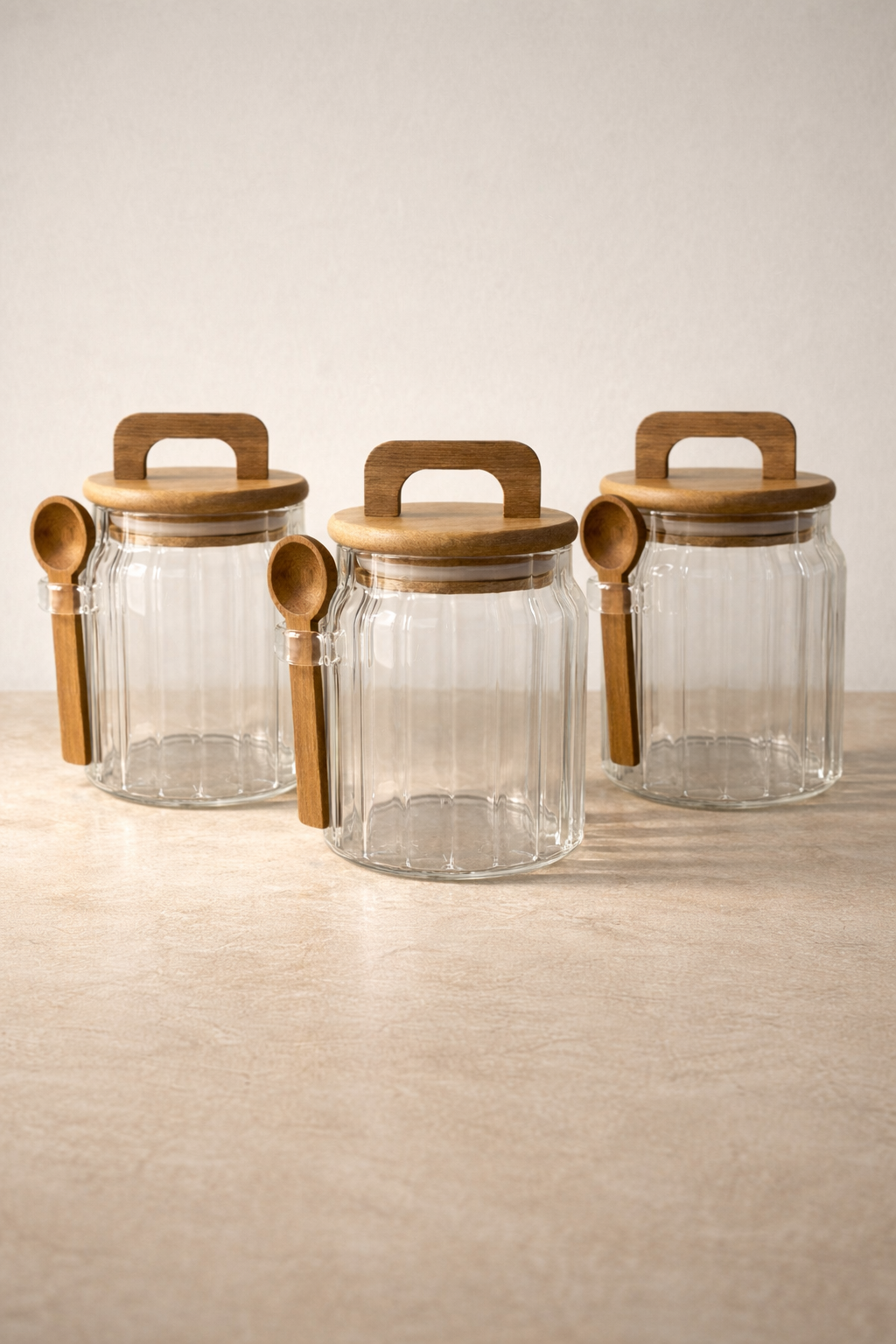 Akasya Kaşıklı Conta Kapaklı Çizgi Desenli 500ML 3lü Kavanoz Seti KW-1170