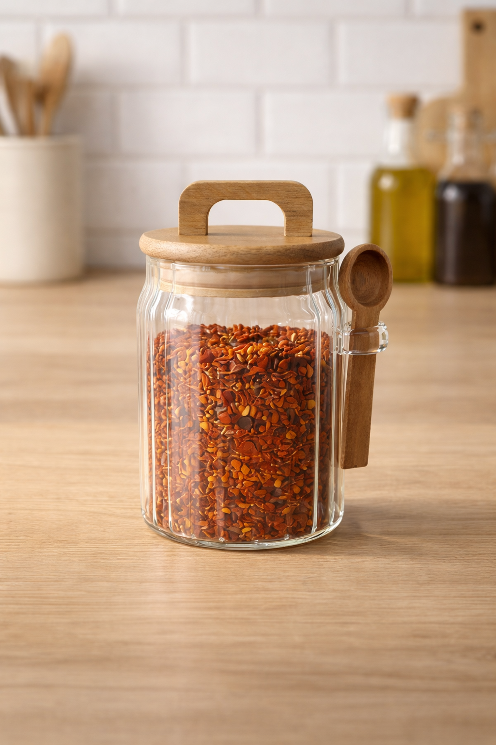 Akasya Kaşıklı Conta Kapaklı Çizgi Desenli 650ML 3lü Kavanoz Set KW-1171