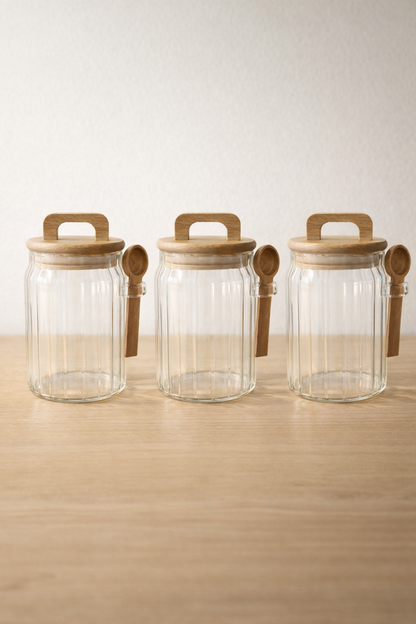 Akasya Kaşıklı Conta Kapaklı Çizgi Desenli 650ML 3lü Kavanoz Set KW-1171