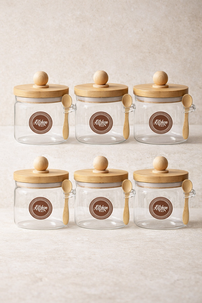 Bambu Kaşıklı Conta Kapaklı 6'lı Kavanoz Baharatlık Set KW-738