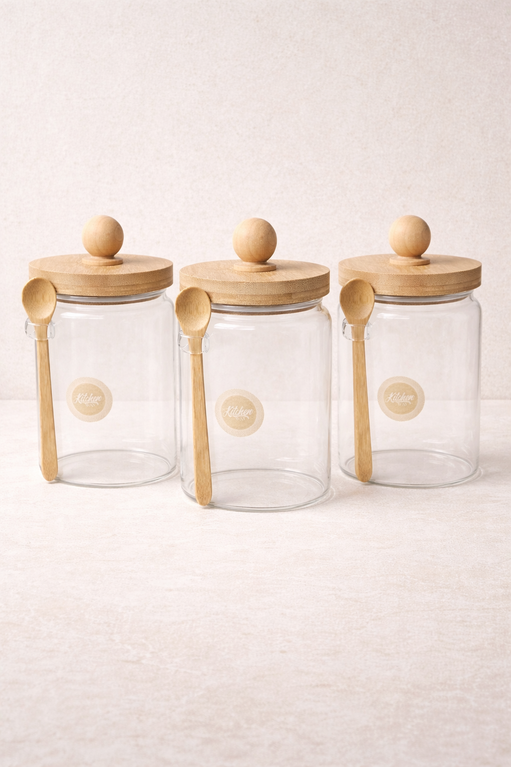 Bambu Kaşıklı Conta Kapaklı 3'lü Kavanoz Baharatlık Set KW-739