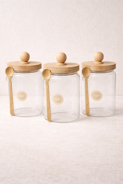 Bambu Kaşıklı Conta Kapaklı 3'lü Kavanoz Baharatlık Set KW-739