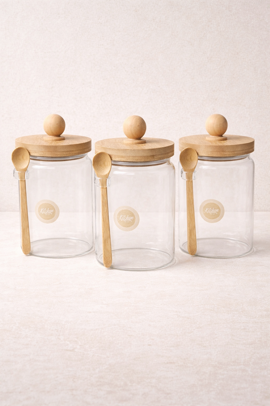 Bambu Kaşıklı Conta Kapaklı 3'lü Kavanoz Baharatlık Set KW-739