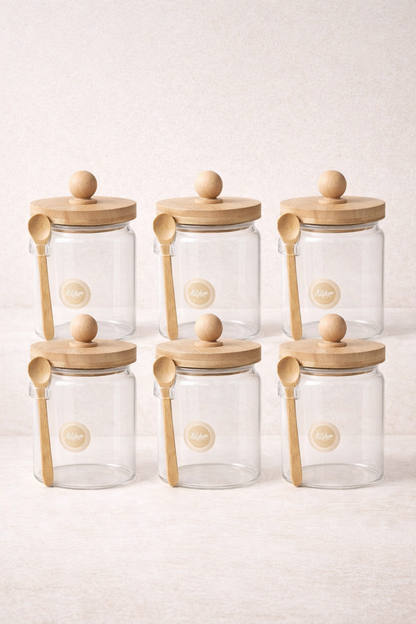 Bambu Kaşıklı Conta Kapaklı 6'lı Kavanoz Baharatlık Set KW-739