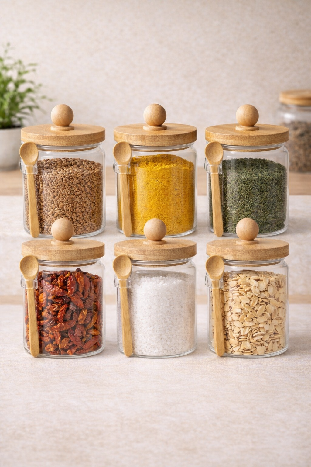 Bambu Kaşıklı Conta Kapaklı 6'lı Kavanoz Baharatlık Set KW-739