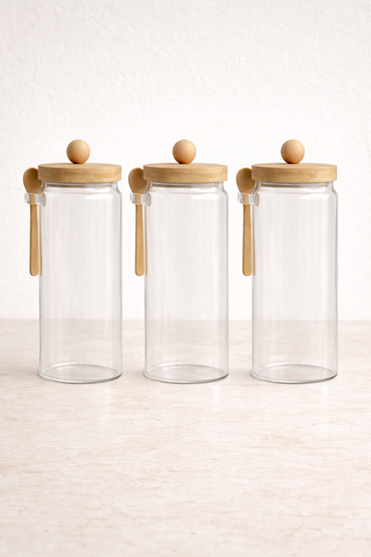 Bambu Kaşıklı Conta Kapaklı 3'lü Kavanoz Baharatlık Seti KW-741
