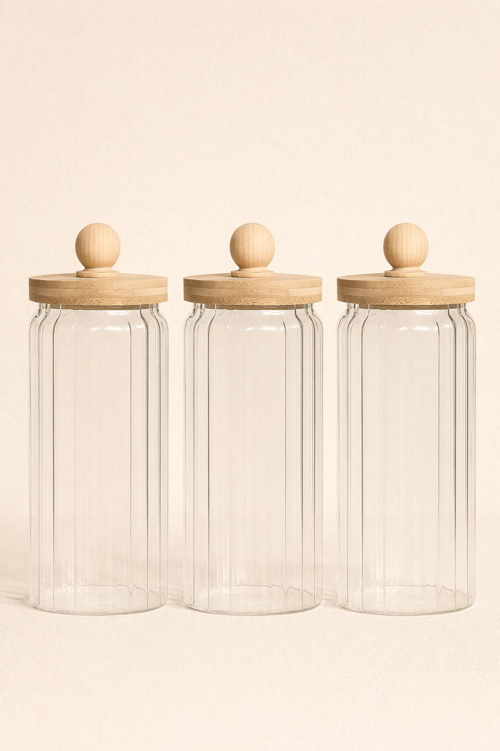 Bambu Conta Kapaklı Borosilikat 1000ml Çizgi Desenli 3lü Kavanoz Seti KW-768