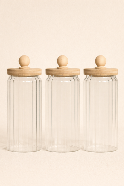 Bambu Conta Kapaklı Borosilikat 1000ml Çizgi Desenli 3lü Kavanoz Seti KW-768