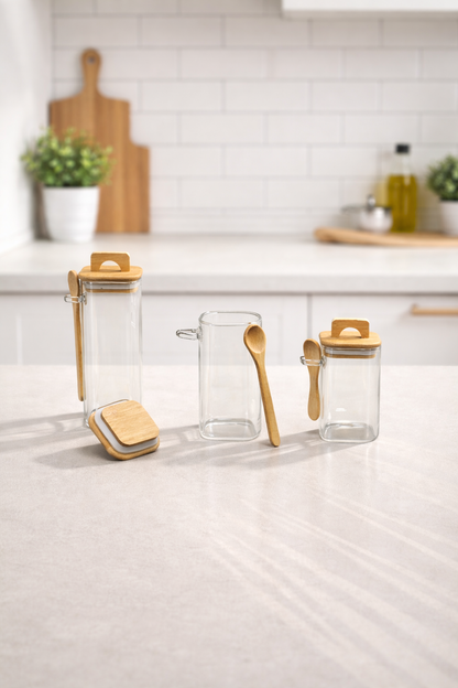 Bambu Kaşıklı Conta Kapaklı Kavanoz Set Baharatlık KW-790-2 Series