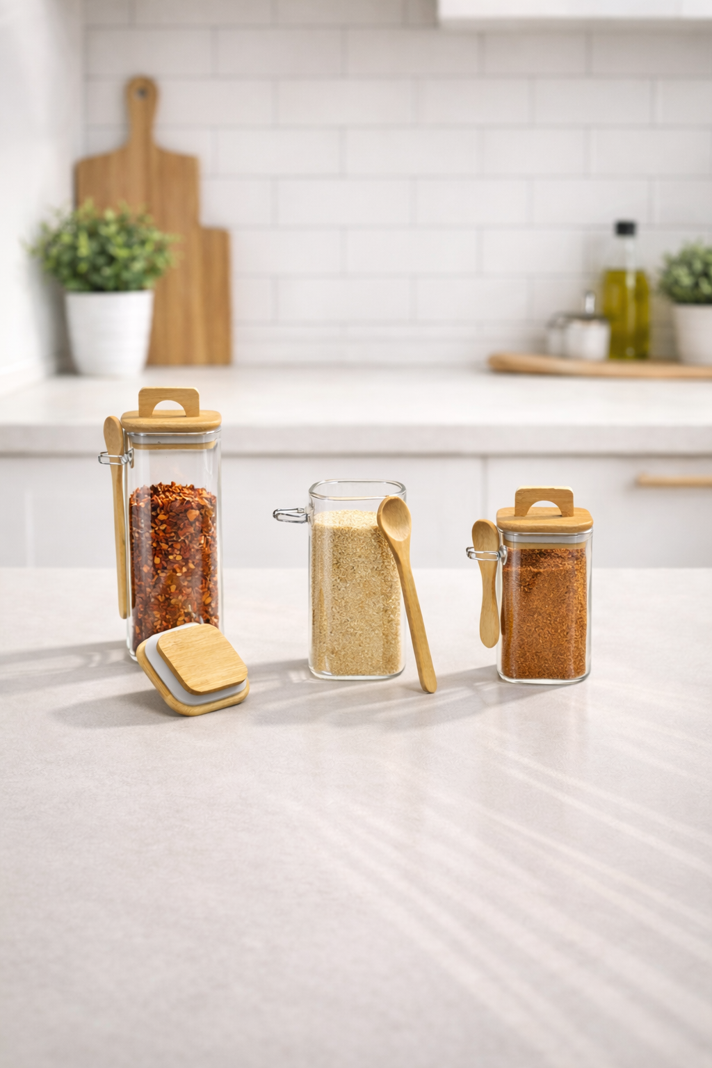 Bambu Kaşıklı Conta Kapaklı Kavanoz Set Baharatlık KW-790-2 Series