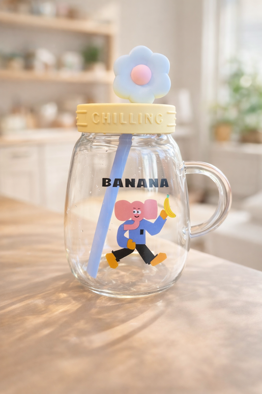 Desenli Pipetli Kapaklı 1000ML Borosilikat Lüster Sevimli Cam Matara KW-889