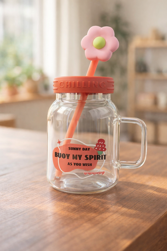 Desenli Pipetli Kapaklı 1000ML Borosilikat Lüster Sevimli Cam Matara KW-890