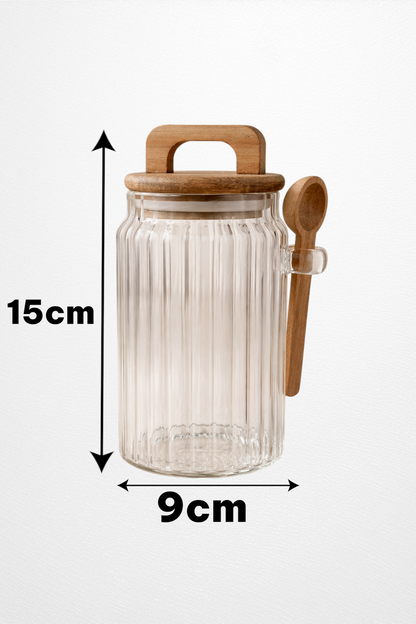 Akasya Kaşıklı Conta Kapaklı Çizgi Desenli 750ML 3lü Kavanoz Set KW-1172