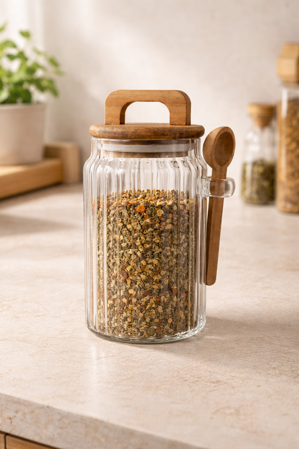 Akasya Kaşıklı Conta Kapaklı Çizgi Desenli 750ML 3lü Kavanoz Set KW-1172