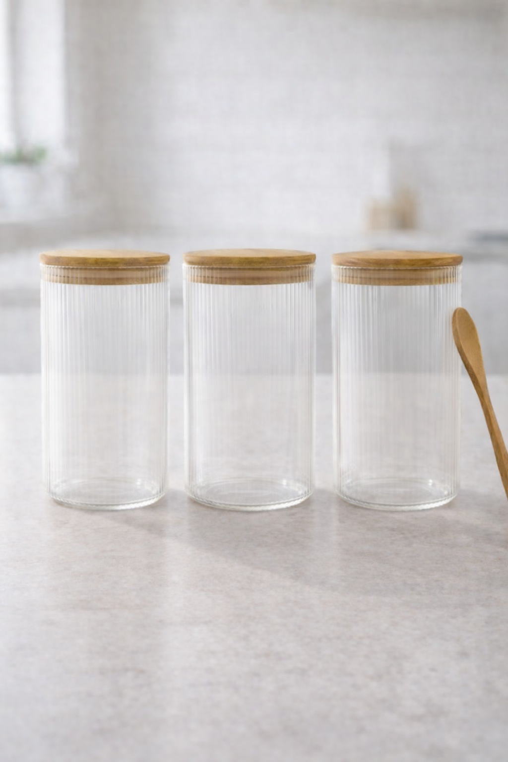Kitchen Way Bambu Kapaklı Kaşıklı 300ML Contalı Yuvarlak 3'lü Kavanoz Seti KW-372E