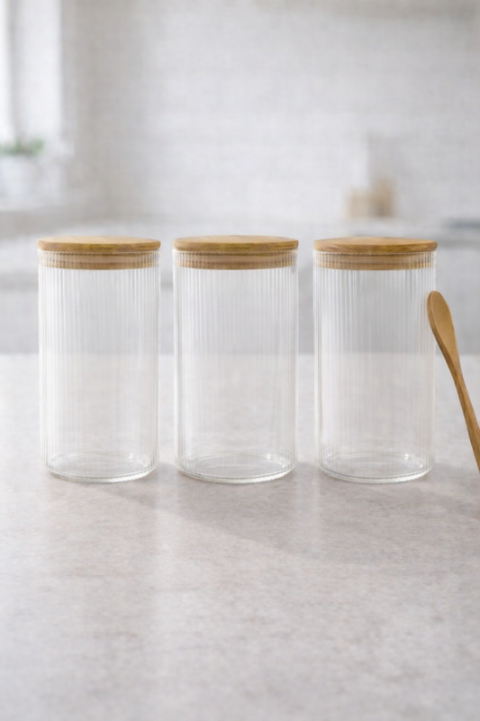 Kitchen Way Bambu Kapaklı Kaşıklı 300ML Contalı Yuvarlak 3'lü Kavanoz Seti KW-372E