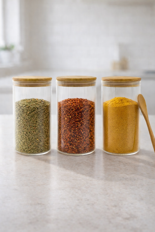 Kitchen Way Bambu Kapaklı Kaşıklı 300ML Contalı Yuvarlak 3'lü Kavanoz Seti KW-372E
