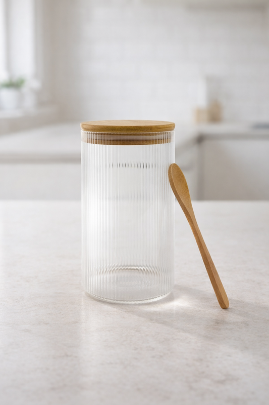 Kitchen Way Bambu Kapaklı Kaşıklı 300ML Contalı Yuvarlak Kavanoz KW-372E