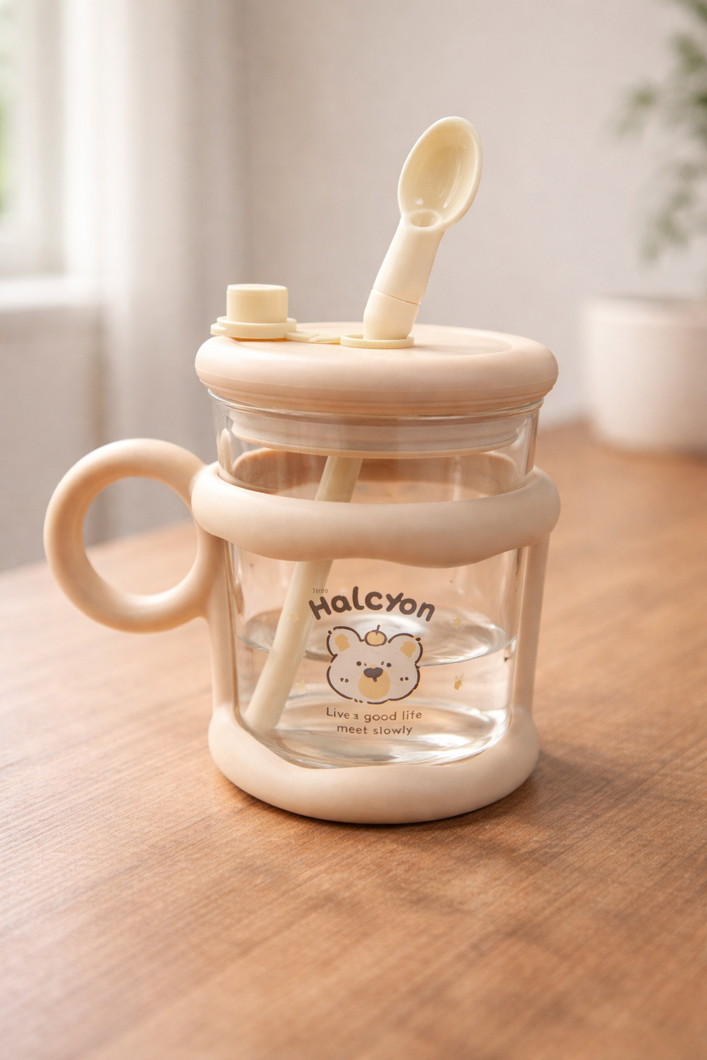 Sevimli Pipetli Kaşıklı Cam Matara 450ML Günlük Kullanıma Uygun Pratik Tasarım KW-893