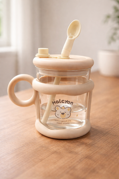 Sevimli Pipetli Kaşıklı Cam Matara 450ML Günlük Kullanıma Uygun Pratik Tasarım KW-893