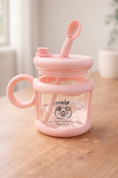 Sevimli Pipetli Kaşıklı Cam Matara 450ML Günlük Kullanıma Uygun Pratik Tasarım KW-893