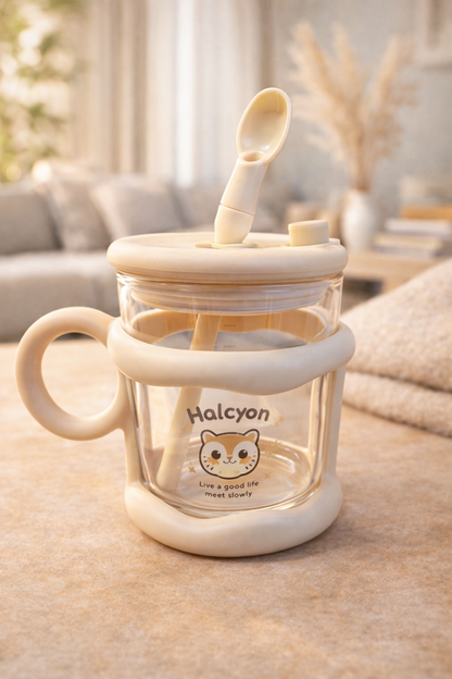 Sevimli Pipetli Kaşıklı Cam Matara 450ML Günlük Kullanıma Uygun Pratik Tasarım KW-893