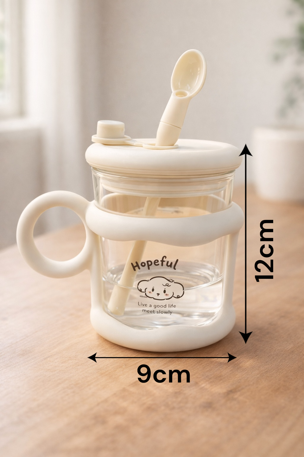 Sevimli Pipetli Kaşıklı Cam Matara 450ML Günlük Kullanıma Uygun Pratik Tasarım KW-893