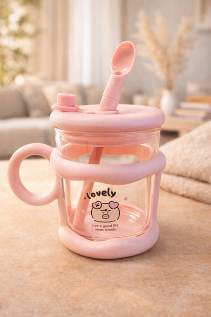 Sevimli Pipetli Kaşıklı Cam Matara 450ML Günlük Kullanıma Uygun Pratik Tasarım KW-893