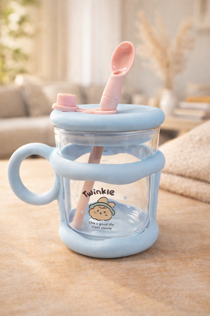 Sevimli Pipetli Kaşıklı Cam Matara 450ML Günlük Kullanıma Uygun Pratik Tasarım KW-893