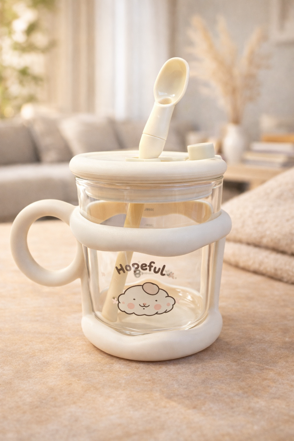 Sevimli Pipetli Kaşıklı Cam Matara 450ML Günlük Kullanıma Uygun Pratik Tasarım KW-893