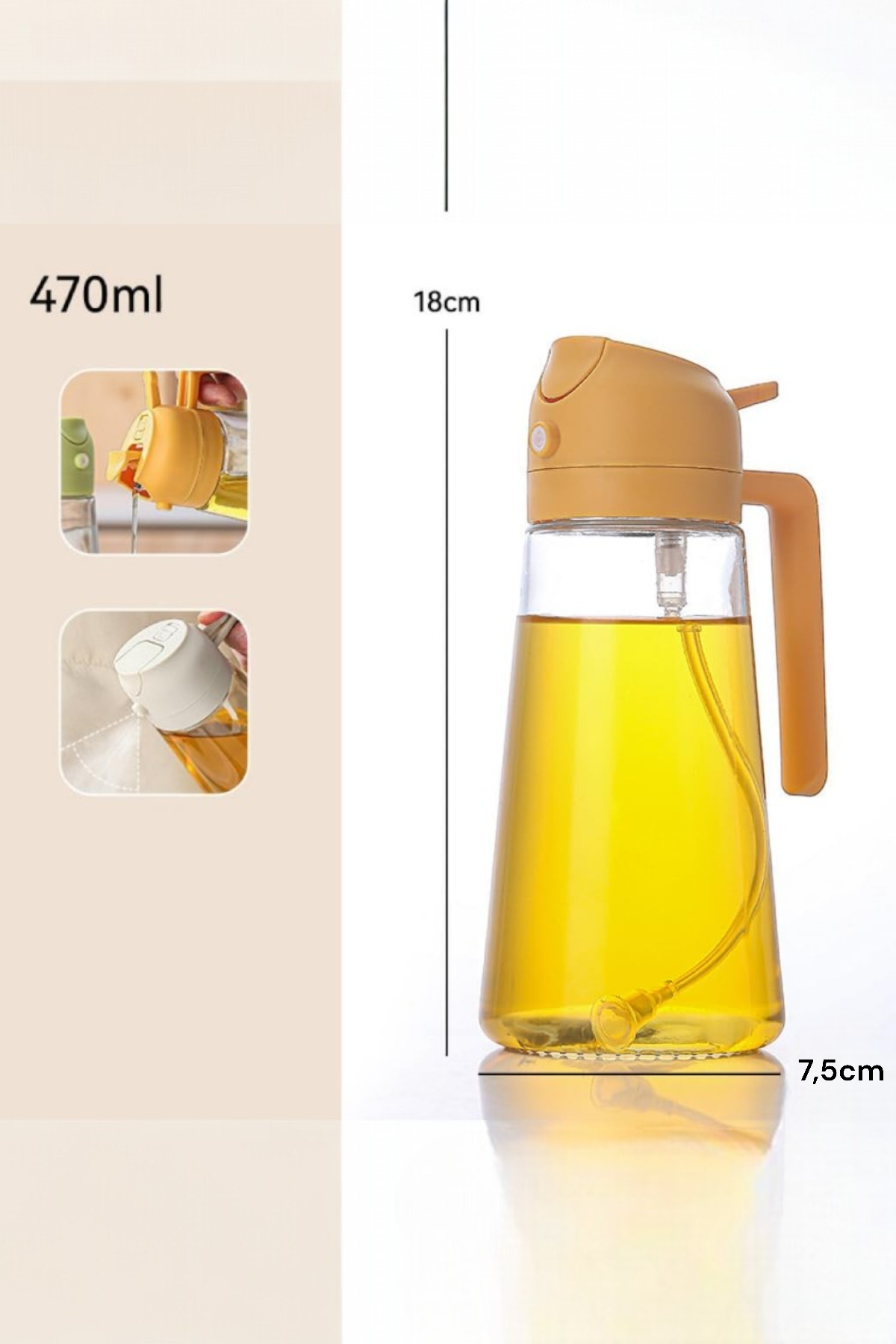 Kitchen Way Cam Sprey Yağdanlık 2'si 1 Arada Kullanım Damlatmaz Conta Başlıklı Borosilikat Dökme Ağızlı Yağdanlık KW-345