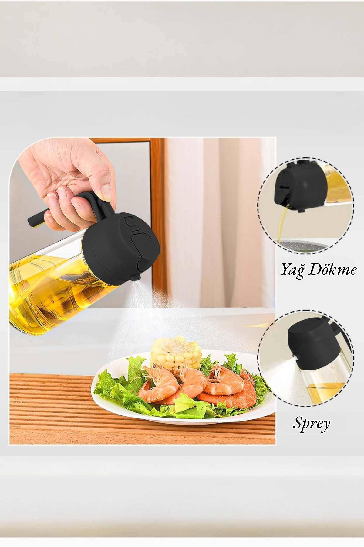 Kitchen Way Cam Sprey Yağdanlık 2'si 1 Arada Kullanım Damlatmaz Conta Başlıklı Borosilikat Dökme Ağızlı Yağdanlık KW-345
