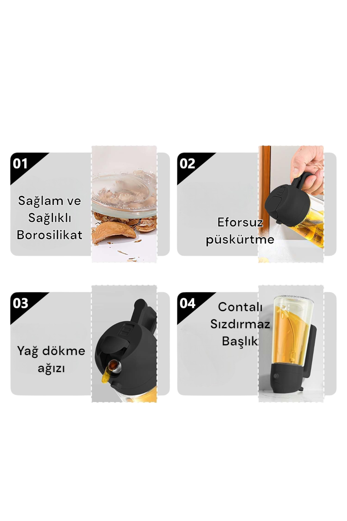 Kitchen Way Cam Sprey Yağdanlık 2'si 1 Arada Kullanım Damlatmaz Conta Başlıklı Borosilikat Dökme Ağızlı Yağdanlık KW-345