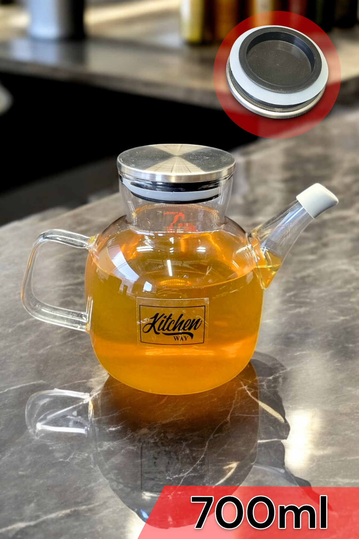 Borosilikat Cam Yağdanlık Metal Kapaklı Contalı Sızdırmaz 700ml Yağdanlık KW-392