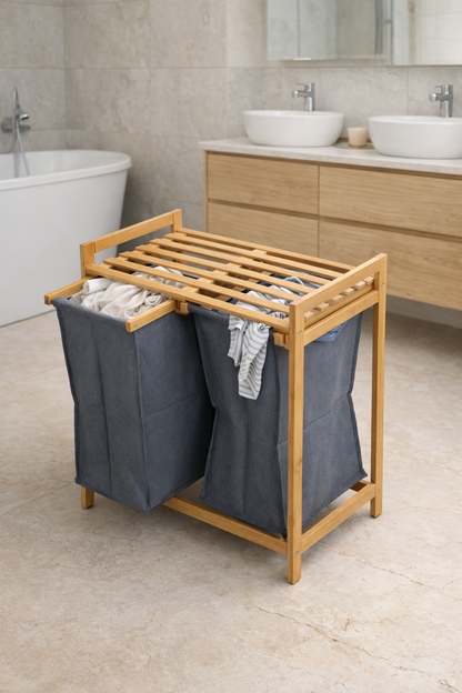 Bambu Çamaşır Sepeti Çift Bölmeli Doğal Bambu Dayanıklı Şık Tasarım SHN-2101