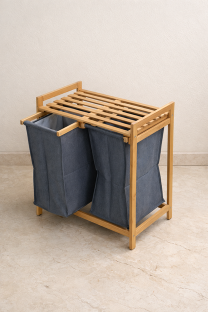 Bambu Çamaşır Sepeti Çift Bölmeli Doğal Bambu Dayanıklı Şık Tasarım SHN-2101