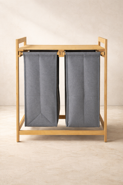 Bambu Çamaşır Sepeti Çift Bölmeli Doğal Bambu Dayanıklı Şık Tasarım SHN-2101