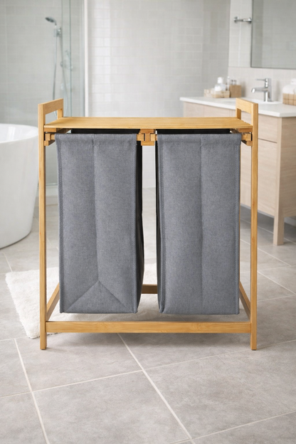 Bambu Çamaşır Sepeti Çift Bölmeli Doğal Bambu Dayanıklı Şık Tasarım SHN-2101