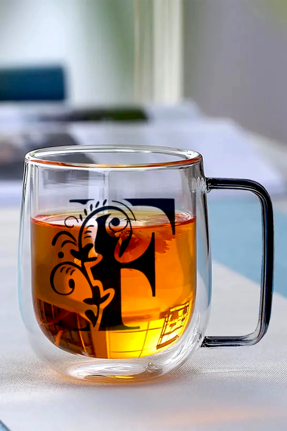 Çift Cidarlı Borosilikat 350ML Harfli Cam Bardak Kupa KW-884