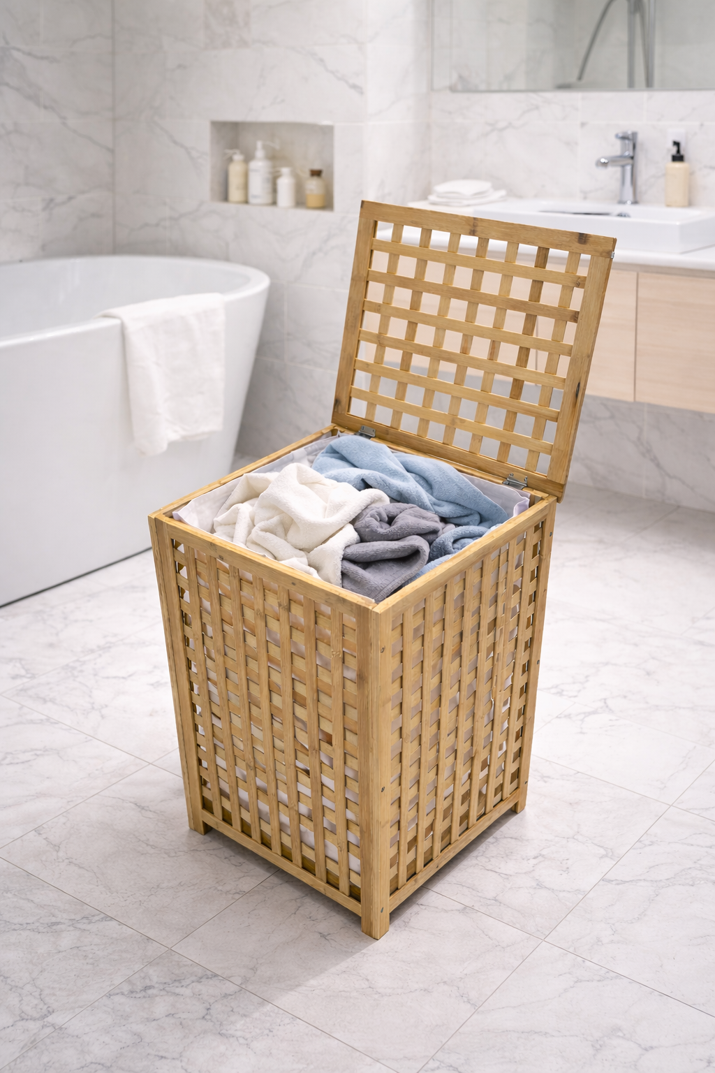 Bambu Çamaşır Sepeti Kapaklı Doğal Bambu Dayanıklı Şık Tasarım SHN-2099