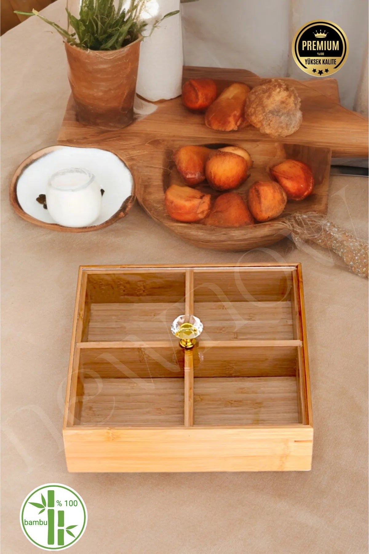 Kapaklı 4 Bölmeli Kare Bambu Kahvaltılık Drajelik Organizer KW-166
