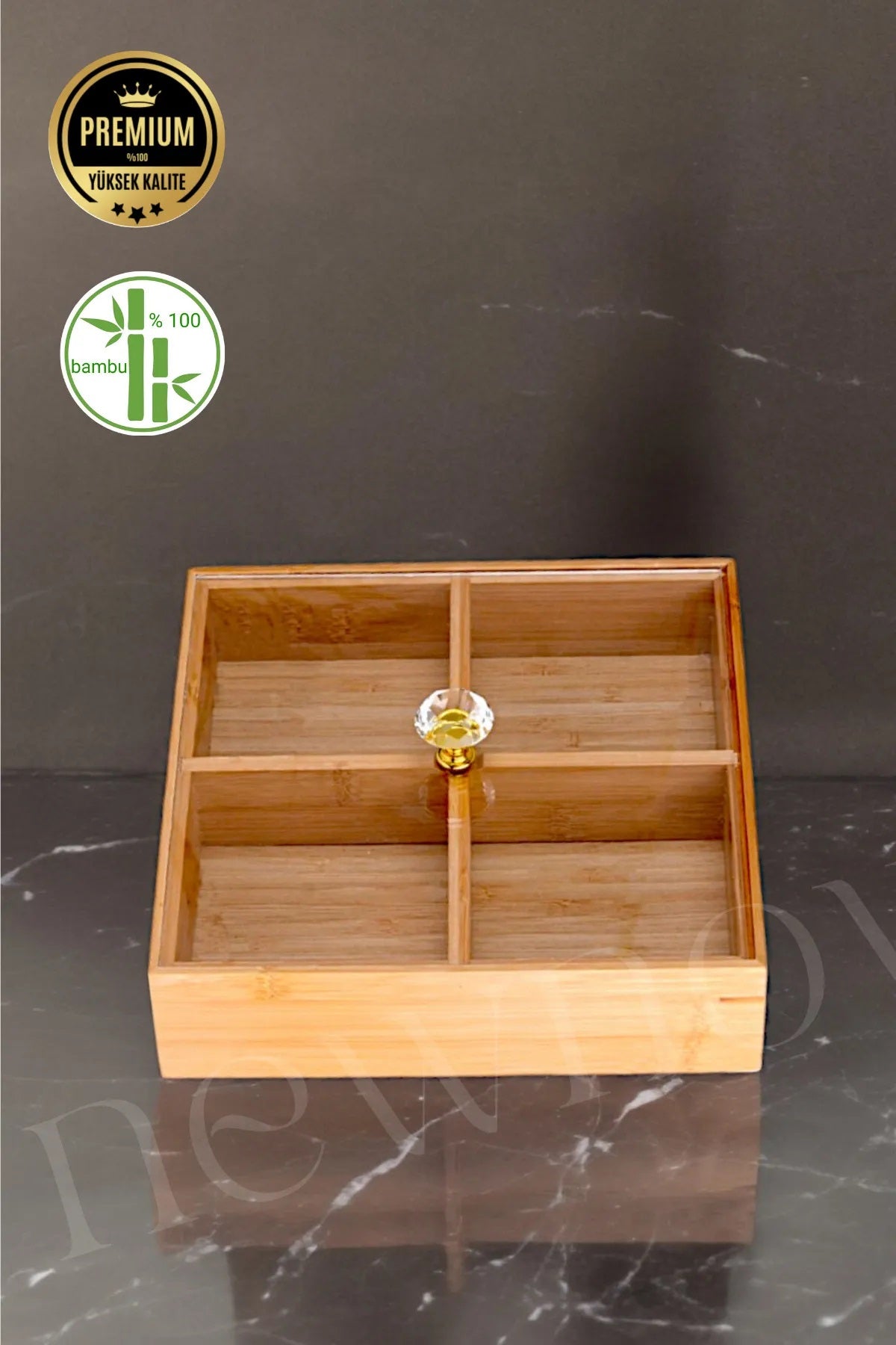 Kapaklı 4 Bölmeli Kare Bambu Kahvaltılık Drajelik Organizer KW-166