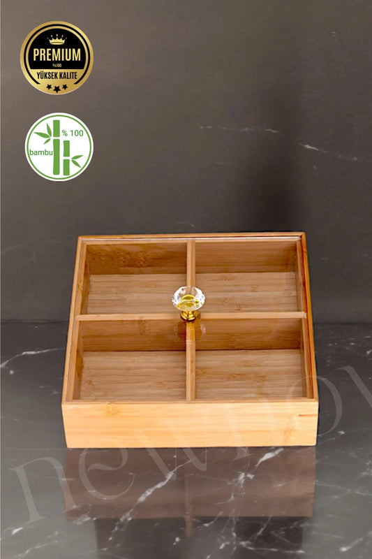 Kapaklı 4 Bölmeli Kare Bambu Kahvaltılık Drajelik Organizer KW-166