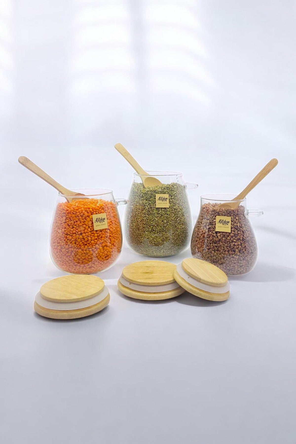 3'lu Set Bambu Kaşıklı Borosilikat Isıya Dayanaklı Kavanoz KW-389A-KW-389B-KW-389C