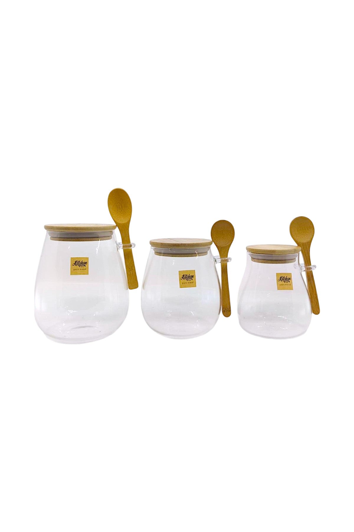 3'lu Set Bambu Kaşıklı Borosilikat Isıya Dayanaklı Kavanoz KW-389A-KW-389B-KW-389C