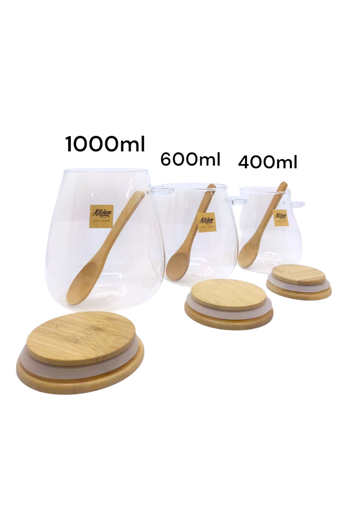 3'lu Set Bambu Kaşıklı Borosilikat Isıya Dayanaklı Kavanoz KW-389A-KW-389B-KW-389C